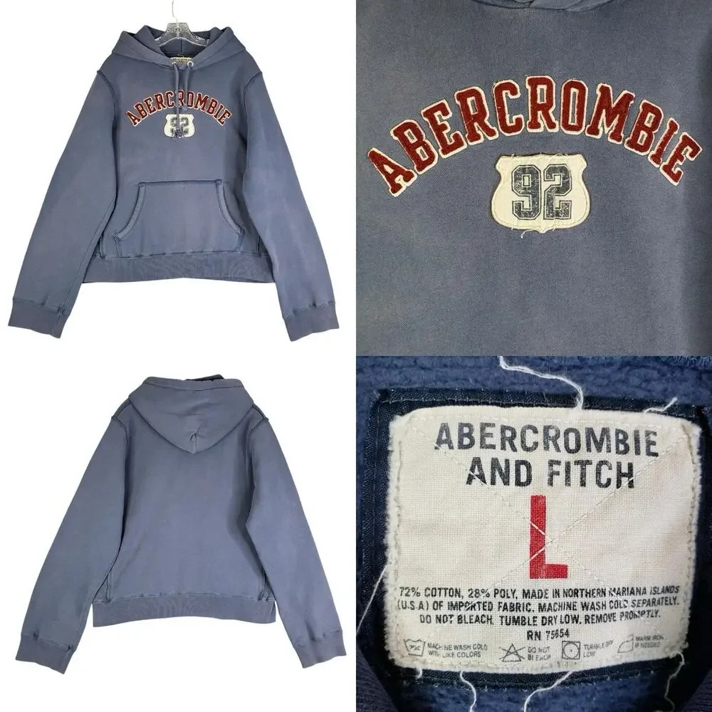 Vintage Abercrombie & Fitch Men’s Hoodie Blue Embroidered Sweatshirt Size L Y2K